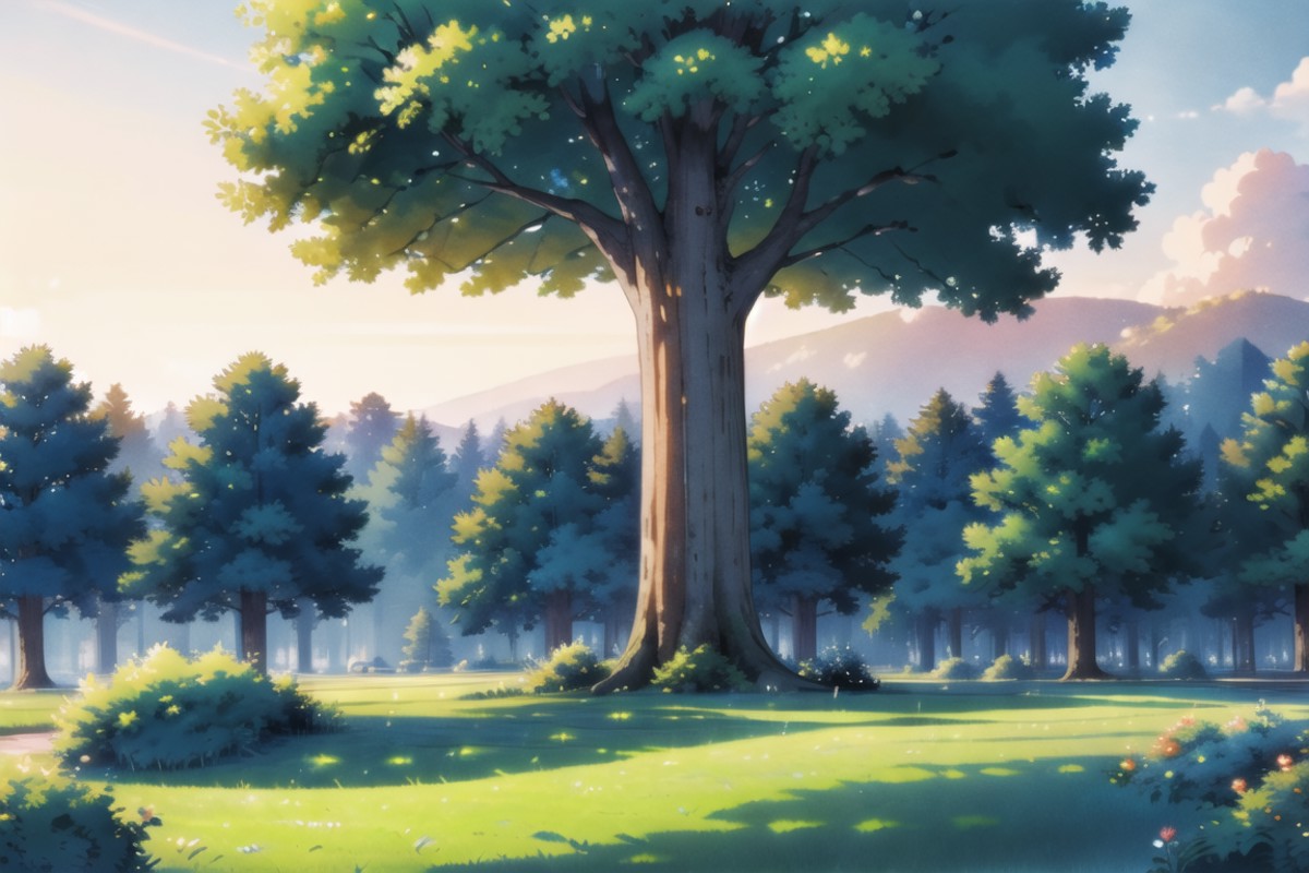 (best quality, masterpiece, illustration:1.1), forest, sunrise, giant tree,  <lora:HarvestV2:0.9>